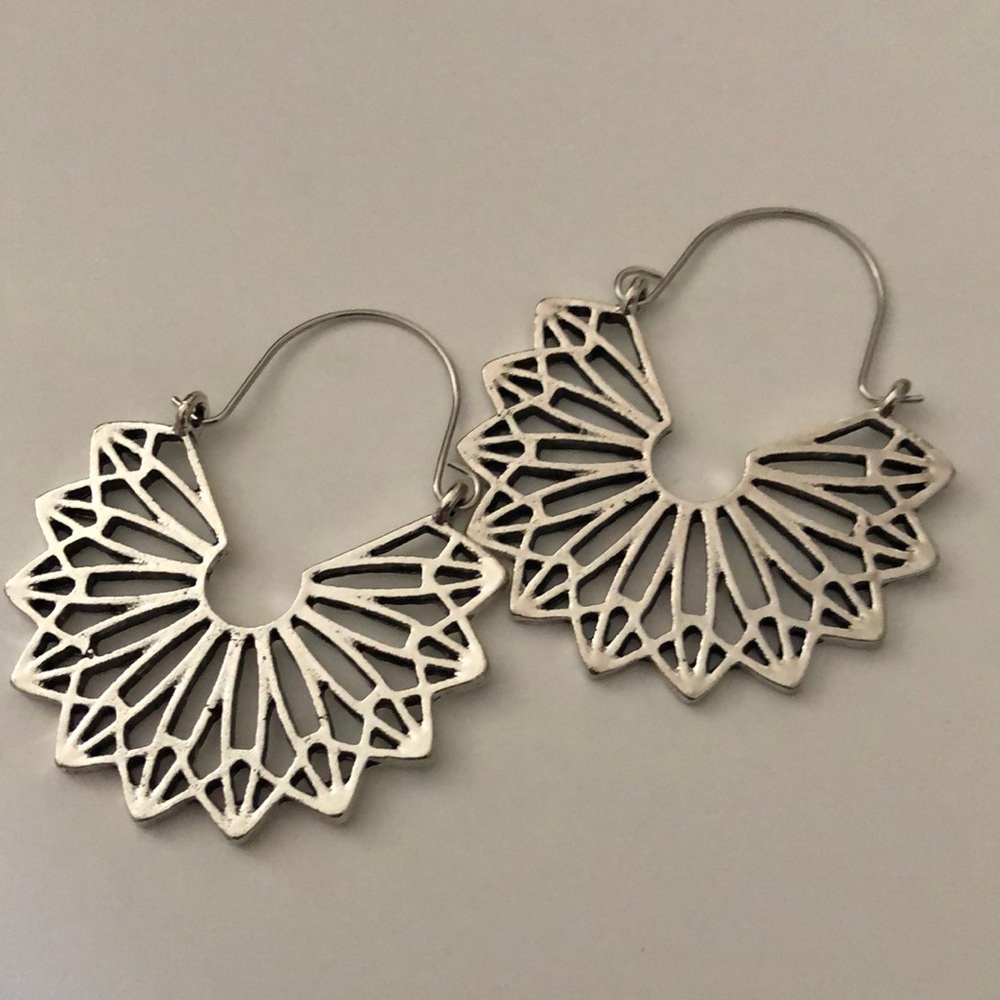 Geo Boho Hollow Drop Hoop Silver earrings - Picture 5 of 7
